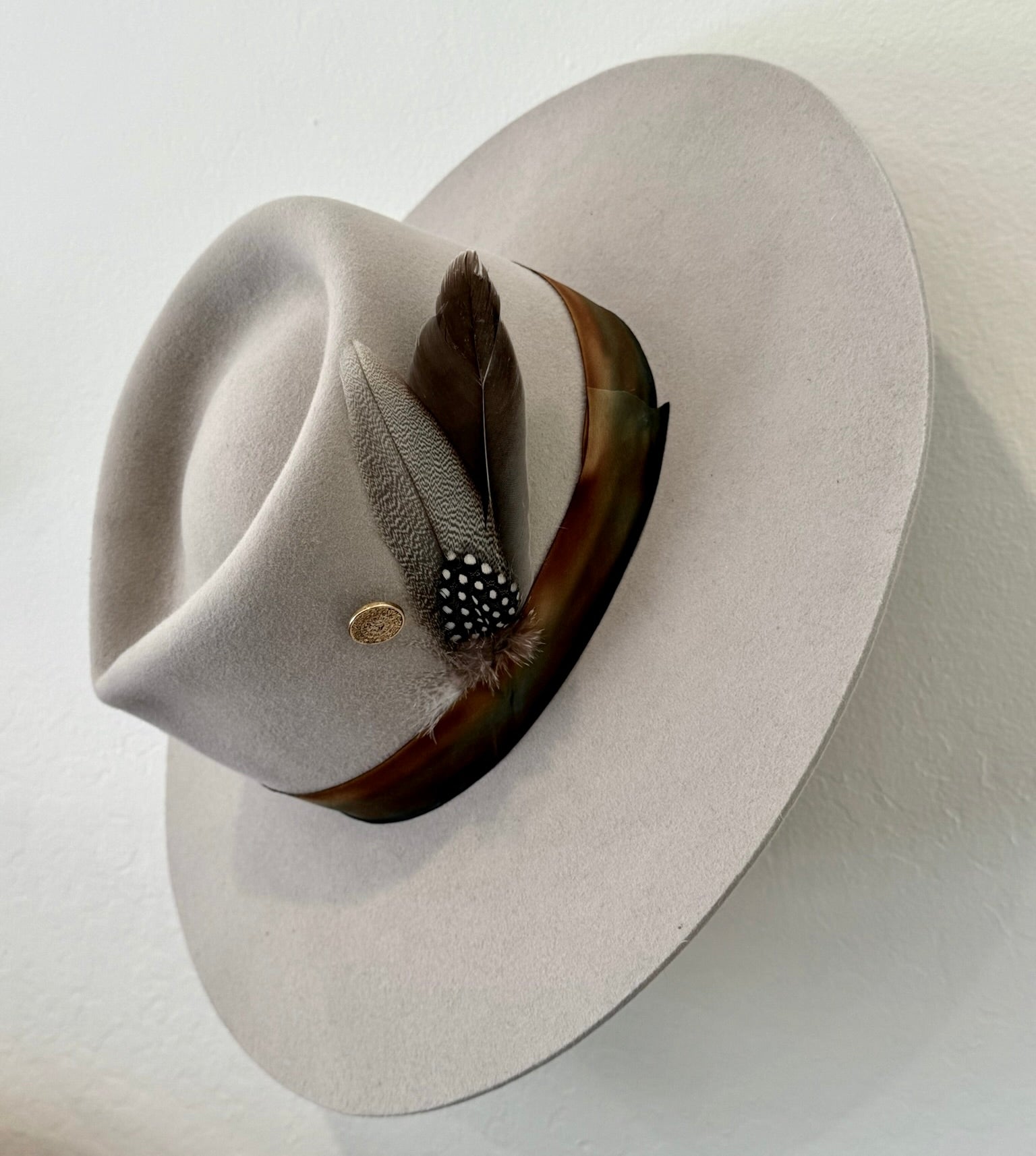 HAT Alex California Felt Cream with Brown Ribbon and Feather Detail NEW SOLENE - Camel Felt Fedora Hat with Double Ribbon Details  main image 2